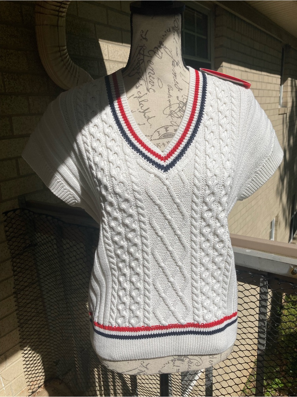Hunter Stripe Cable Knit Stitch White Sweater Vest with Red Blue Stripe Details - Picture 14 of 17